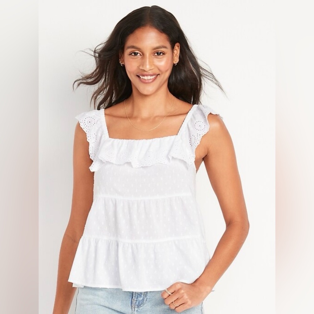 Old Navy Sleeveless Ruffled Tiered Embroidered Clip-Dot Swing Blouse